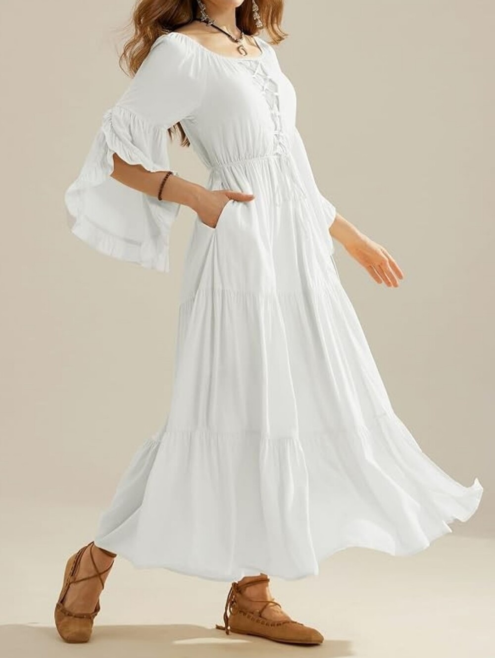 Scarlette Darkness Lace Up Front Tiered Peasant Midi White Dress S Ren Faire